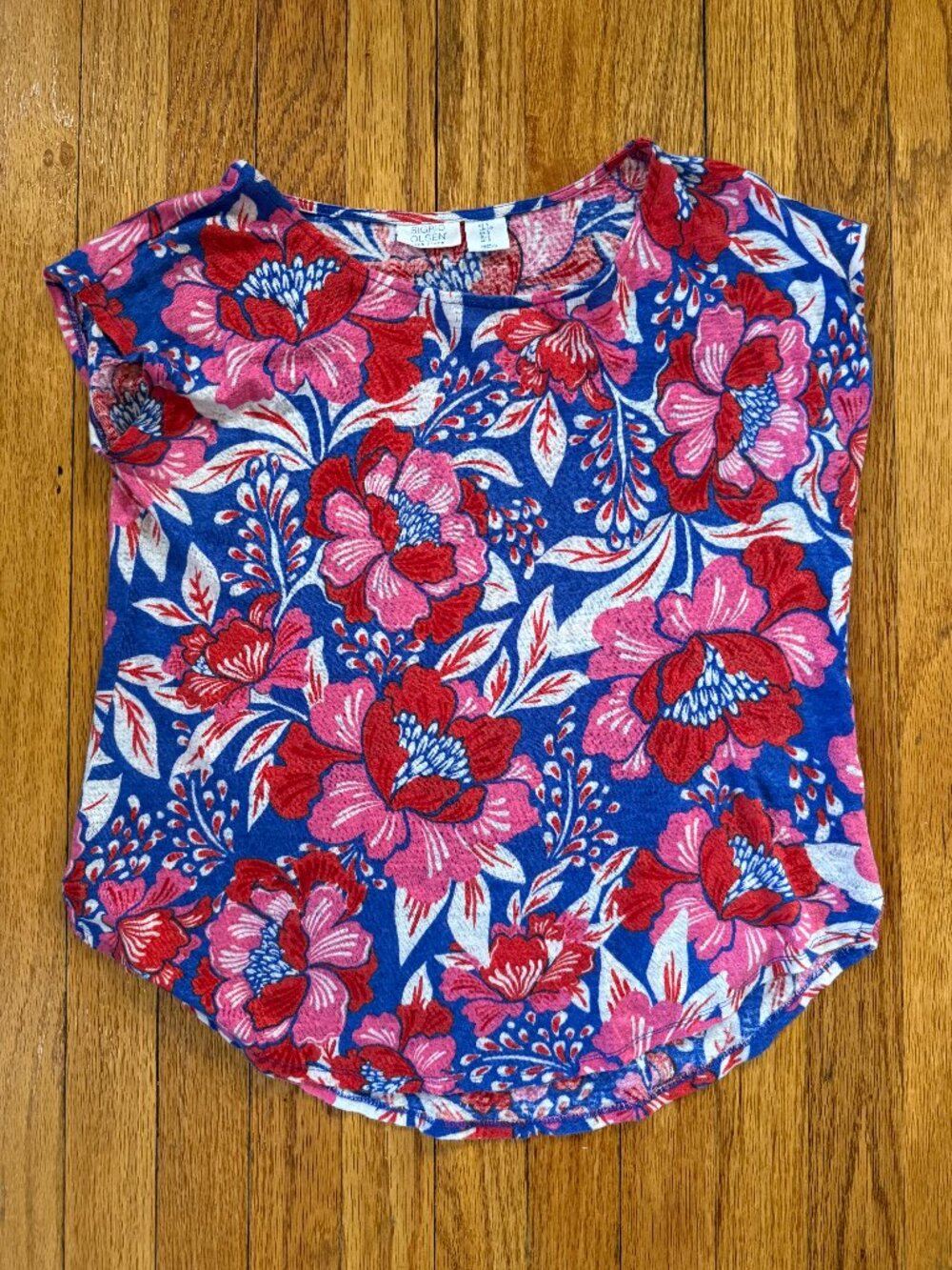 Sigrid & Olsen 100% Linen Floral Top in Vibrant Blue, Pink and Red, Size Small